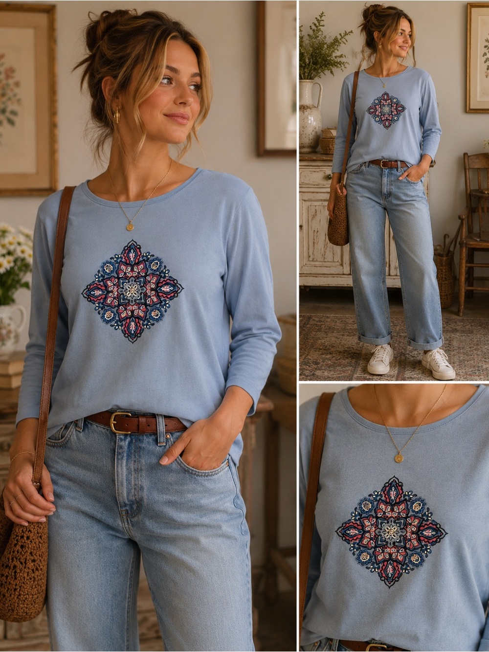 Kim Rogers Light Blue Long Sleeve Top with Embroidered Medallion